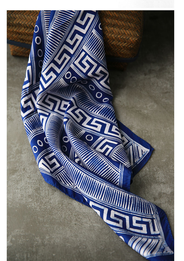 藍(lán)染真絲方巾 植物染絲棉混紡長圍巾